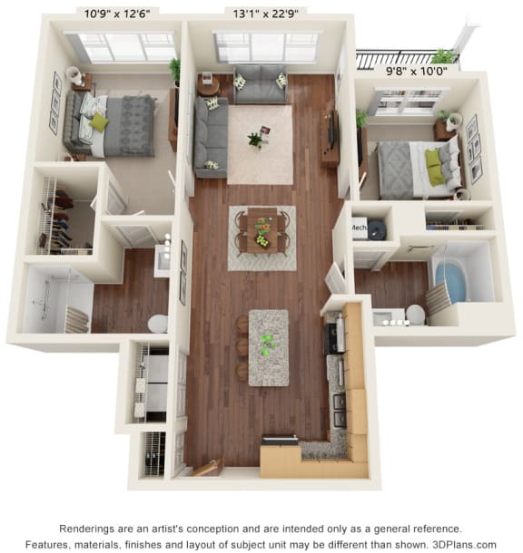 2 bed 2 bath floor plan D at Preserve at Peachtree Shoals 55+ Apartments, Georgia, 30019