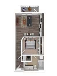 A floor plan of a small apartment with a kitchen, living room, and bathroom.