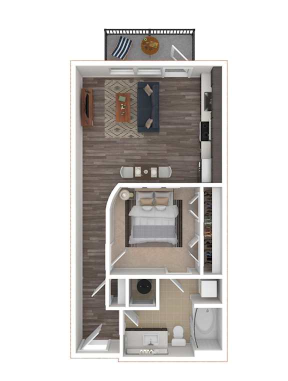 A floor plan of a small apartment with a kitchen, living room, and bathroom.