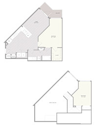 A floor plan of a two-story house with a living room, dining room, kitchen, and two bathrooms.