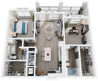 2 Bed 2 Bath Floor Plan | 1,057 Sq. Ft. at The Louis Apartment Flats, Louisville, Kentucky