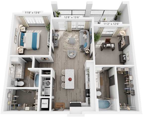 2 Bed 2 Bath Floor Plan | 1,057 Sq. Ft. at The Louis Apartment Flats, Louisville, Kentucky