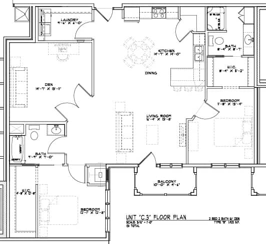 A floor plan of a house with a kitchen, living room, and two bedrooms.