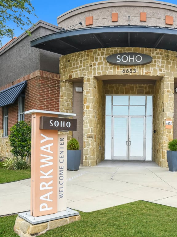 Exterior entrance view of Soho Parkway's Leasing Office