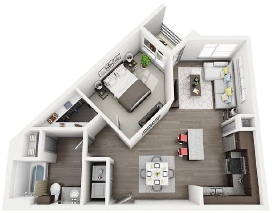 a stylized floor plan with a bedroom and a living room