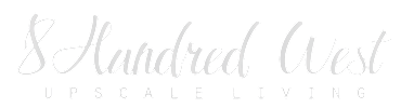A logo with the text "8 Hundred West UPSCALE LIVING" in white on a black background.