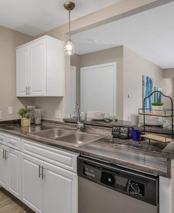 A modern kitchen with white cabinets and a stainless steel dishwasher.