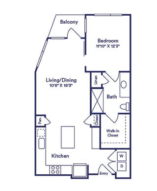a 1 bedroom 1 bath floorplan. entrance opens to l-shaped kitchen with island. overlooking living and dining area. private bath entrance from bedroom. walk-in closet in bathroom. patio/balcony access.