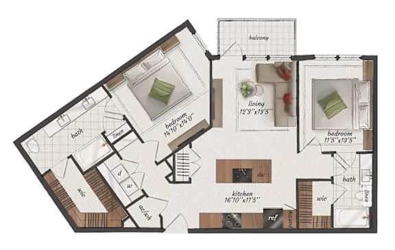 2 Bedroom, 2 Bathroom, 1050 Square Feet - B4 Floorplan at St. Elmo Apartments in Austin, TX