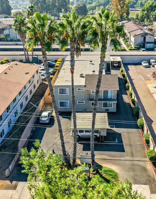 A residential area with houses and palm trees.