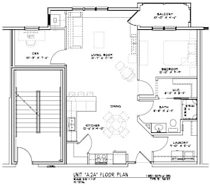 A black and white drawing of a house floor plan.