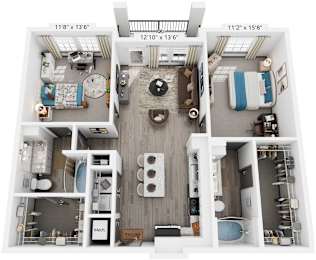 2 Bed 2 Bath Floor Plan | 1,105 Sq. Ft. at The Louis Apartment Flats, Kentucky, 40241