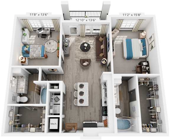 2 Bed 2 Bath Floor Plan | 1,105 Sq. Ft. at The Louis Apartment Flats, Kentucky, 40241