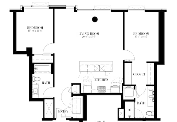 A floor plan of a two bedroom apartment with a living room and a kitchen.