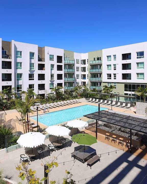 Park on First Apartments Pool Area with Gazebo and Patio Furniture