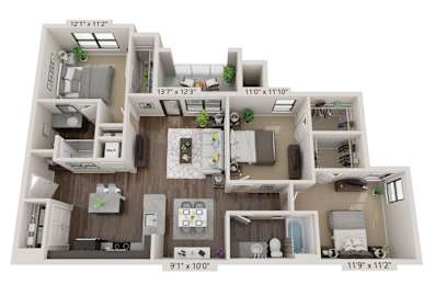 A 3D floor plan of a house with a living room, kitchen, and bathroom.