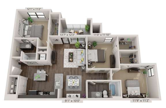 A 3D floor plan of a house with a living room, kitchen, and bathroom.