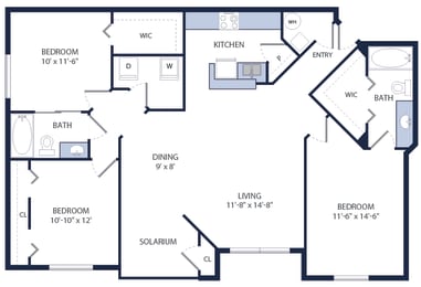 1427 Square-Feet 3 Bedroom 2 Bathroom C2 Floor Plan at Tuscany Bay Apartments, Florida