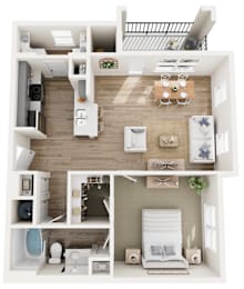a 3d rendering of the living room and dining room of a 1 bedroom apartment