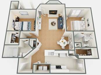 A 3D floor plan of a house with a kitchen, living room, and two bedrooms.