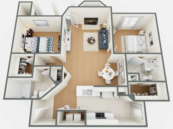 A 3D floor plan of a house with a kitchen, living room, and two bedrooms.