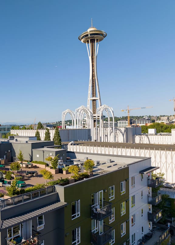 The Space Needle is a tall structure in a city with trees in the foreground.