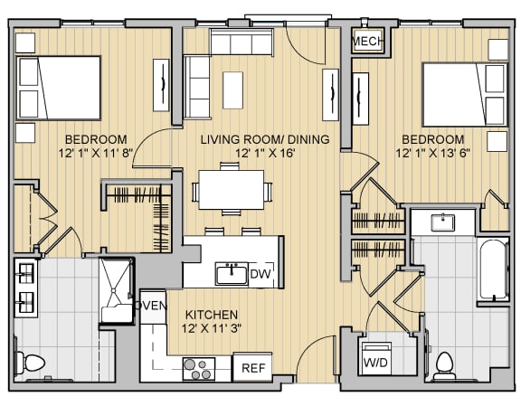 Floor Plan  2 Bed 2 Bath 28b1050H 1,050 Sq.Ft. Floor Plan at 28 Austin St, Newton, 02460