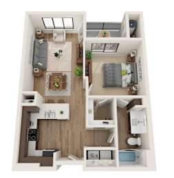A floor plan of a house with a kitchen, living room, and bedrooms.