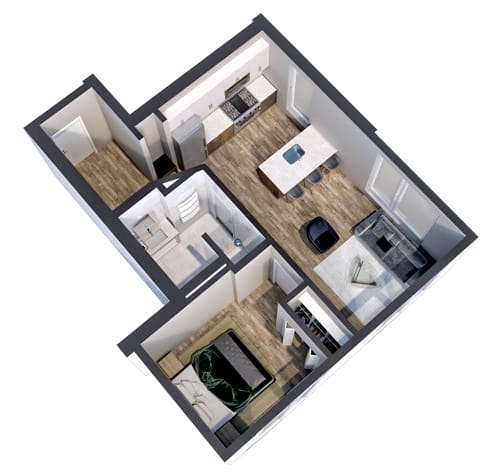 Carag 1-bedroom floor plan 3D view at The Central apartments near downtown Minneapolis MN