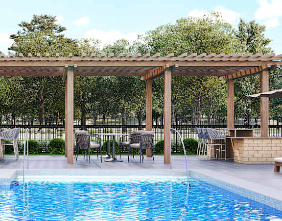 a pergola over a swimming pool with lounge chairs and umbrellas