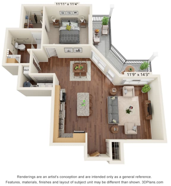 Preserve at Peachtree Shoals_3D_1 Bedroom Floor Plan