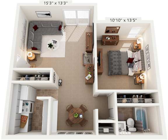 Floor Plan  A 3D floor plan of a small apartment with a kitchen, living room, and bedroom.