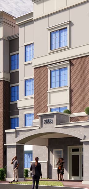 a rendering of a building with people standing in front of it