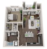 A 3D floor plan of a small apartment with a kitchen, living room, and bathroom.