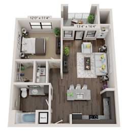 A 3D floor plan of a small apartment with a kitchen, living room, and bathroom.