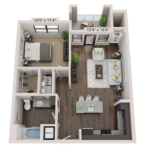A 3D floor plan of a small apartment with a kitchen, living room, and bathroom.