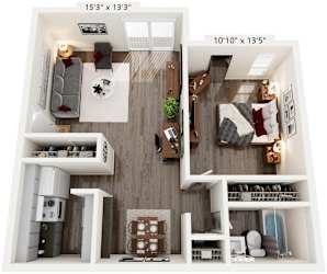 A 3D floor plan of a small apartment with a kitchen, living room, and bedroom.