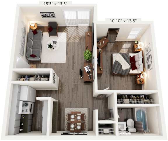 A 3D floor plan of a small apartment with a kitchen, living room, and bedroom.
