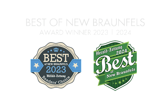 Two badges indicating the "Best of New Braunfels" award for 2023 and 2024.