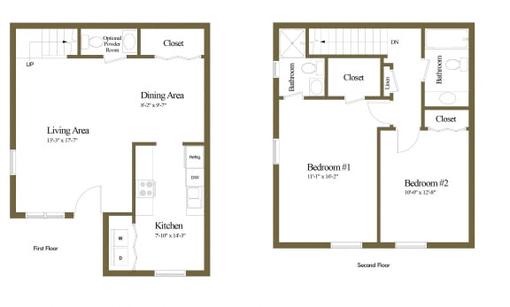 2 bedroom 2.5 bathroom inside unit floor plan at Spring Hill Townhomes in Parkville, MD