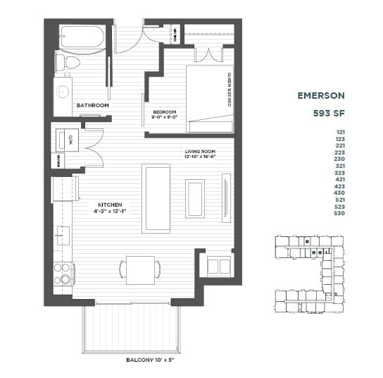 Emerson Alcove Floor Plan at The Hill Apartments