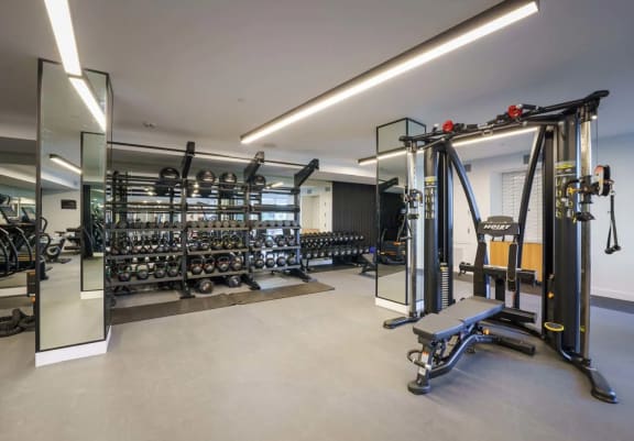 Gym with weights and a weight machine at NoMa Apartments, Walnut Creek, CA