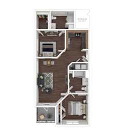 A floor plan of a small apartment with a kitchen, living room, and bedroom.