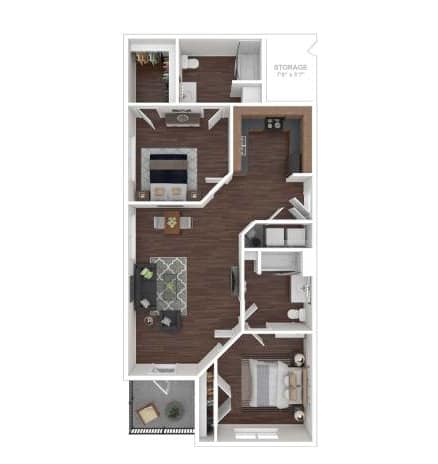 A floor plan of a small apartment with a kitchen, living room, and bedroom.