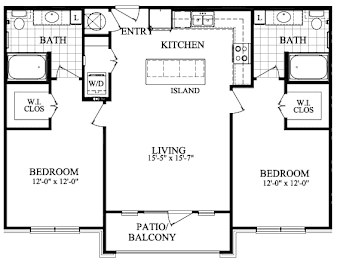 A floor plan of a small apartment with two bedrooms, a living room, a kitchen, and a bathroom.