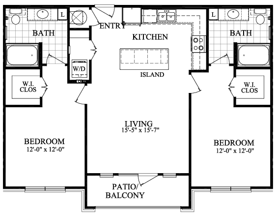 A floor plan of a small apartment with two bedrooms, a living room, a kitchen, and a bathroom.
