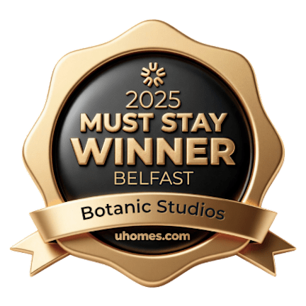 A gold and black award badge for the 2025 Must Stay Winner in Belfast.