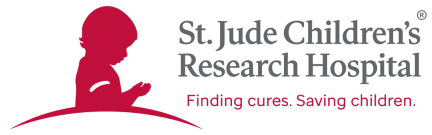 A logo for St. Jude Children's Research Hospital with a silhouette of a child and the tagline "Finding cures. Saving children."