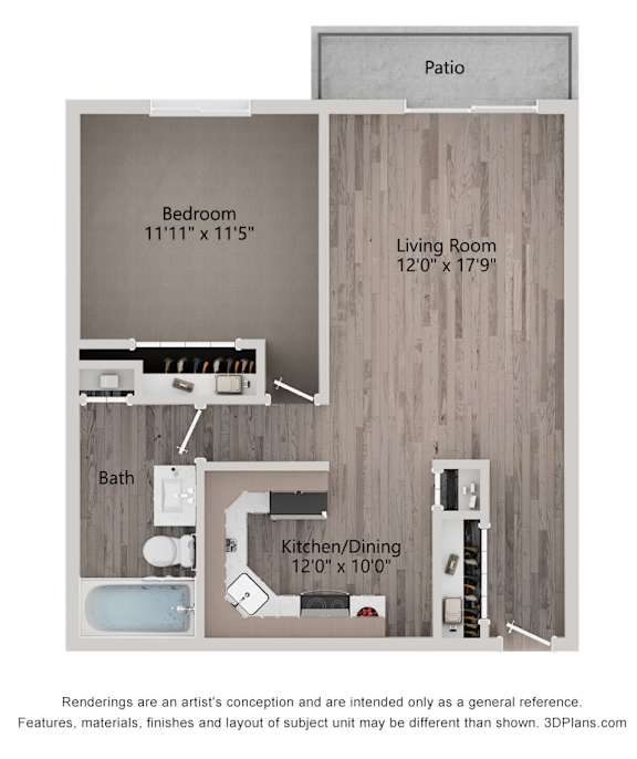 A diagram shows a bedroom, bathroom, kitchen/dining area, living room, and patio.
