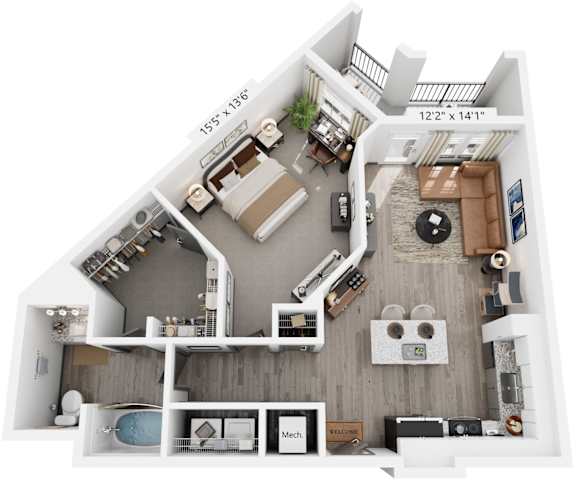 1 Bed 1 Bath Floor Plan | 833 Sq. Ft. at The Louis Apartment Flats, Louisville, KY